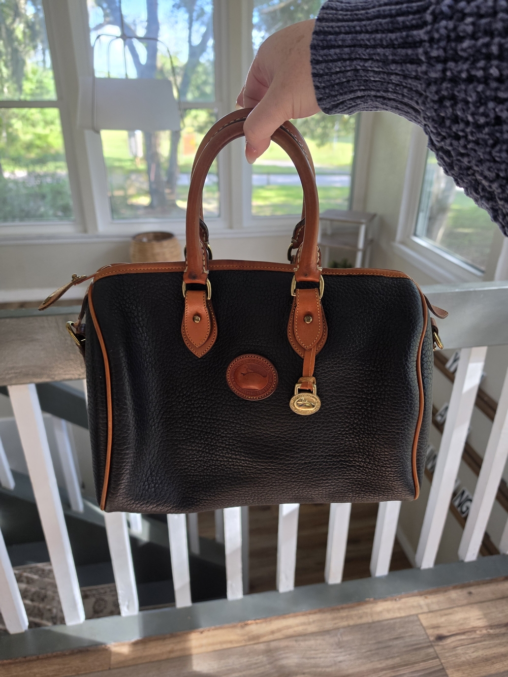 Vintage Dooney & Bourke Black Pebbled Leather Satchel with Tan Trim